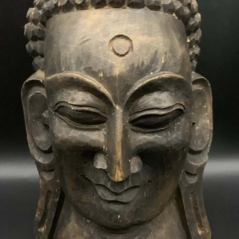 Vintage Gautam Buddha Nepal Head Face Mask Hand Carved Wood Wall Hanging